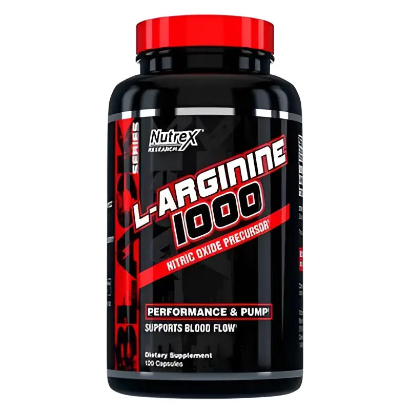Botella negra con tapa y etiqueta roja nutrex l-arginine 1000 arginina suplemento dietético para rendimiento y apoyo al bombeo